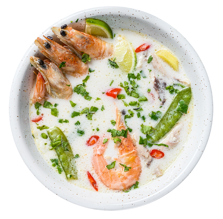 Cheese soup with shrimps and hemp oil